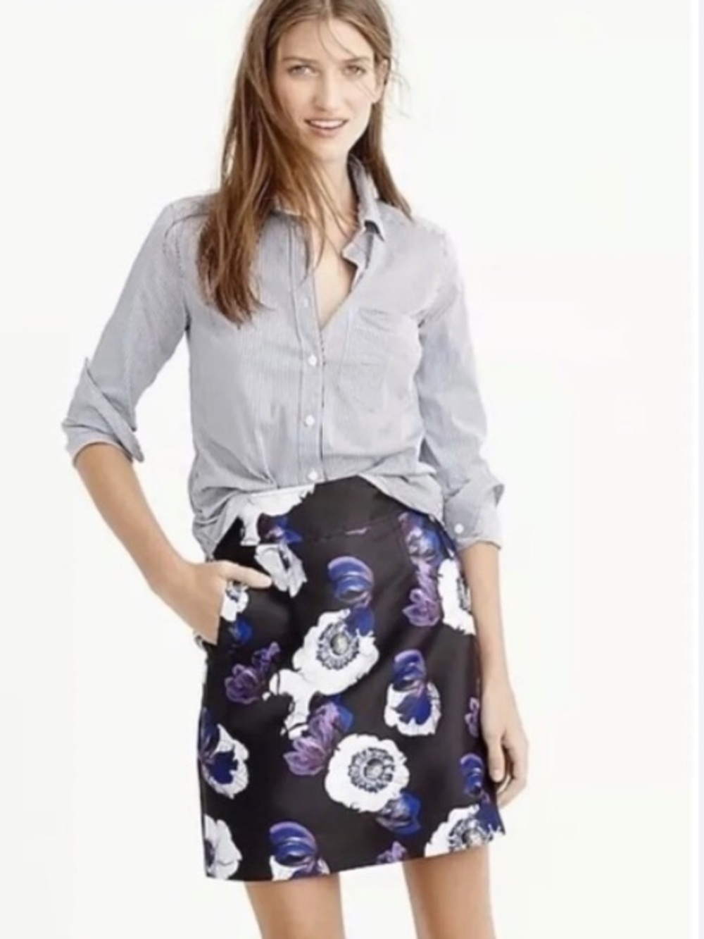 J. Crew size 2- Black Mini Skirt with Violet and White Floral Print Pockets